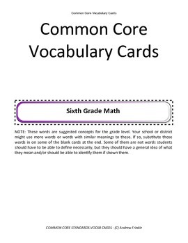 Preview of sixth grade common core standards vocabulary cards Math ELA