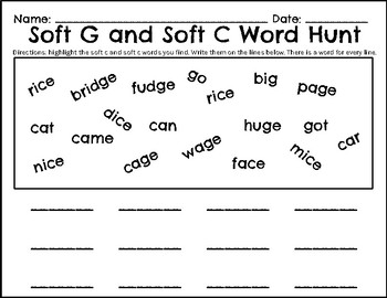 Preview of soft g and soft c word hunt