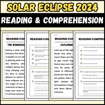 Preview of solar eclipse 2024 Reading Comprehension Passages | 1st to 3rd grade students