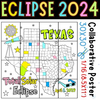 Preview of Texas Solar Eclipse 2024 Coloring - Collaborative Poster for Kids (Grades K-5)