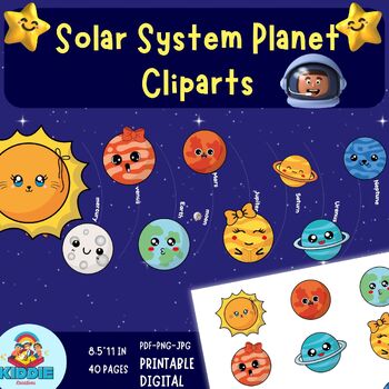 Preview of 40 Printable and Digital Kawaii Cliparts for Our Solar System Planets In Order