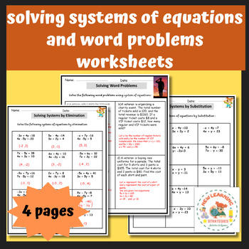 Preview of solving systems of equations and word problems worksheets
