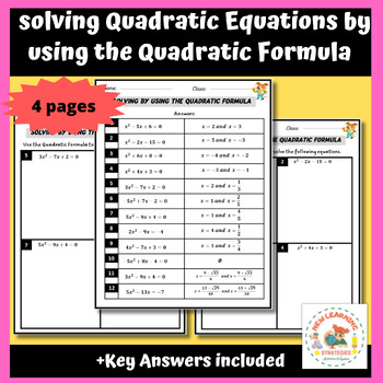 Preview of solving quadratic equations by using the quadratic formula grade 9 worksheets