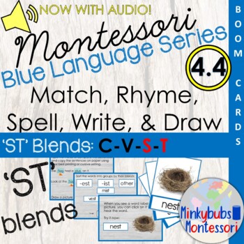 Preview of st Blends Blue Language Boom Cards Label Rhyme Spell Draw Activities