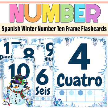 Preview of Spanish Winter Number Ten Frame Flashcards 1 & 20|Theme Winter Math  Prek & K.