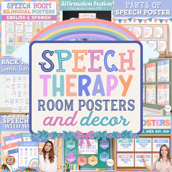 Preview of Speech Therapy Classroom Decor Poster and Language Door Sign Therapist Pastel