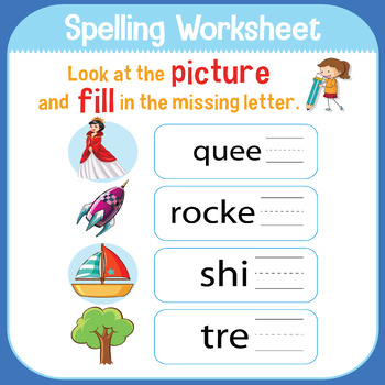 Preview of spellings worksheet : look at the picture and fill in the missing letter