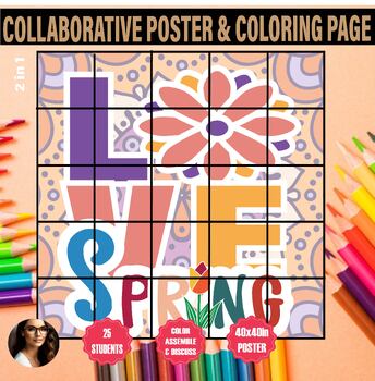 Preview of spring vibes coloring collaborative poster April bulletin board idea