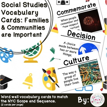 Preview of 1st Grade Social Studies Vocab Cards: Families & Communities are Important (L)