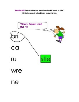 stle (consonant le syllable) worksheet and blending by Nancy Martin