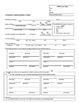 Preview of student enrollment form (Editable and fillable resource)