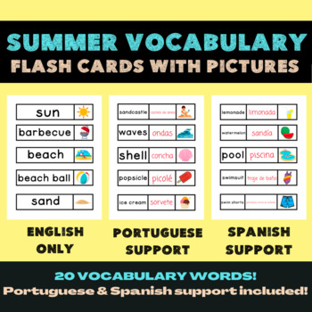 Preview of summer vocabulary flashcards w/ pictures | Portuguese & Spanish | ESL dual