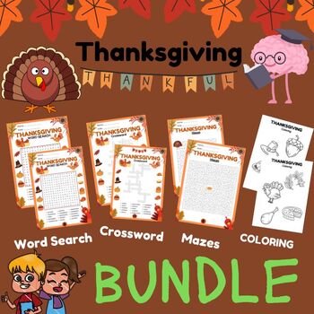 Preview of thanksgiving activities bundle wordsearch crossword mazes puzzle and coloring