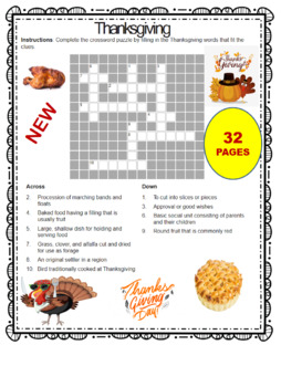 Preview of thanksgiving crossword puzzle and thanksgiving word searche with solution