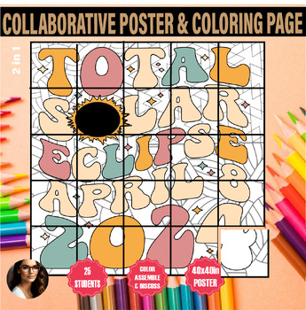 Preview of Total solar eclipse April coloring collabortive poster printable Zentangle