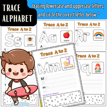 Preview of trace the alphabet, including lowercase and uppercase letters, and circle below