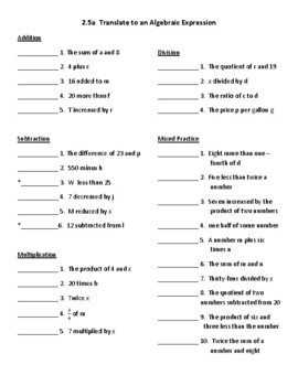 translating expressions worksheet teaching resources tpt