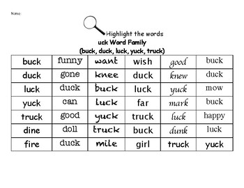 Preview of uck Word Family - Find the Words Worksheets