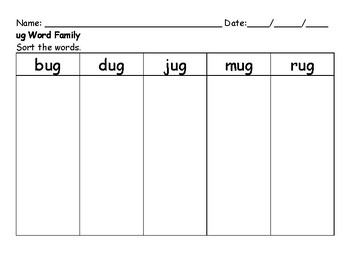 Preview of ug Word Family - Sort the Words by Fonts Worksheet
