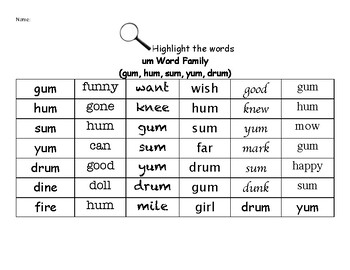 Preview of um Word Family - Find the Words Worksheets
