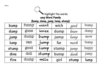 Preview of ump Word Family - Find the Words Worksheets