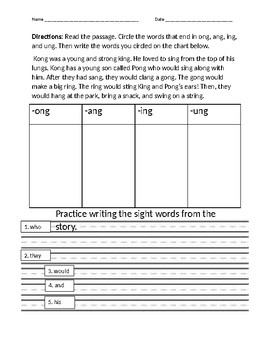 Preview of ung, ing, ang, ong Story and Practice Worksheet