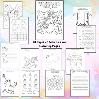 Preview of unicorn activity book, unicorn coloring pages, unicorn printable bundle,