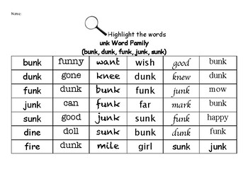Preview of unk Word Family - Find the Words Worksheets
