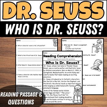 Theodor Seuss Geisel Reading Comprehension Passage & Questions | Author ...