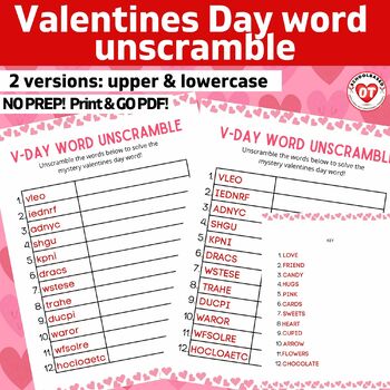 Preview of OT valentines day word unscramble worksheets: upper & lowercase versions + key