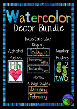 Preview of watercolor CLASS DECOR bundle - 12 items, numbers, day, months...