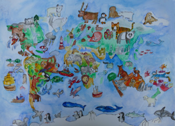 Preview of watercolour world map, continents and oceans, animals and landmarks