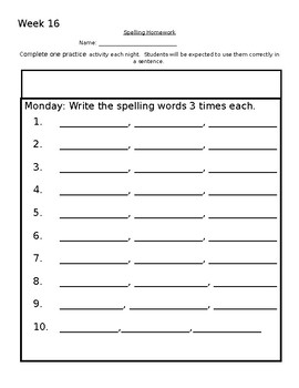 Preview of weekly homework template