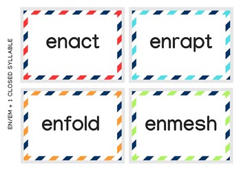 Preview of word cards: prefix EN / EM - + closed, vce, cle