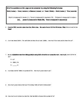 work and power calculation worksheet 2 by Lauren Allen | TpT