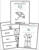 worksheet of letter U with writing and vocabulary