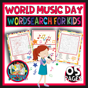 Preview of world music day activities - world music day wordsearch worksheets for kids