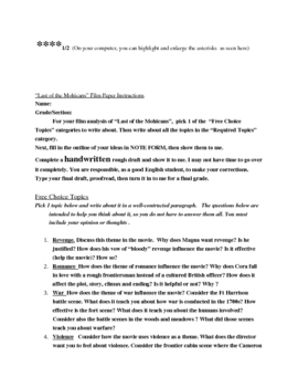 Preview of writing film analysis unit for "Last of the Mohicans" film (40 pages)