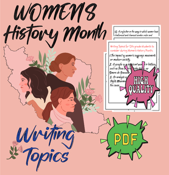 Preview of writing topics for 12th grade students to consider during Women's History Month