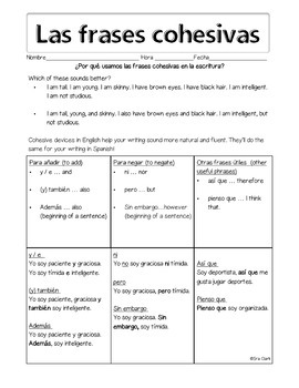 Spanish Cohesive Devices Lesson With Practice Worksheet And Speaking Activity