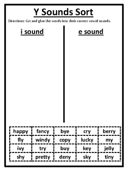 Preview of y sounds like i and e sort y sounds like i and e at the end of words y activity