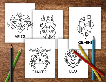Preview of zodiac signs - 34 pages posters designs -coloring pages -cards - Ready to print